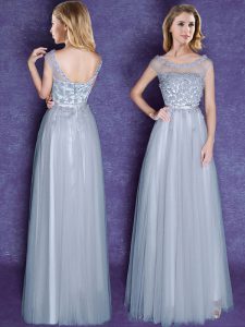Scoop Grey Cap Sleeves Floor Length Appliques and Bowknot Lace Up Dama Dress for Quinceanera