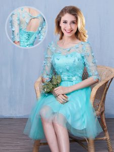 Customized Scoop Aqua Blue Lace Up Quinceanera Court of Honor Dress Lace and Appliques and Bowknot Half Sleeves Knee Length