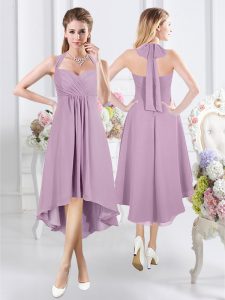 Wonderful Chiffon Halter Top Sleeveless Zipper Ruching Dama Dress in Lavender