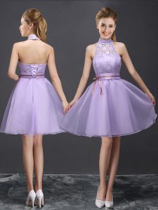 Lavender A-line Organza Halter Top Sleeveless Lace and Belt Mini Length Lace Up Damas Dress
