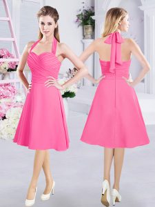 Best Selling Halter Top Hot Pink Sleeveless Knee Length Ruching Zipper Quinceanera Court of Honor Dress