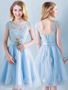 Scoop Appliques and Bowknot Dama Dress Light Blue Lace Up Short Sleeves Knee Length