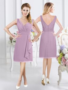 Lavender A-line V-neck Sleeveless Chiffon Knee Length Zipper Ruching Vestidos de Damas