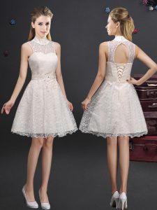 Champagne Lace Up Quinceanera Dama Dress Lace and Appliques Sleeveless Knee Length