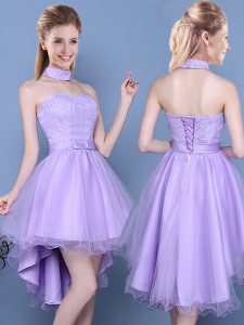 Sweet Lavender Taffeta and Tulle Lace Up Sweetheart Sleeveless High Low Damas Dress Lace and Bowknot