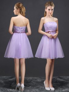Glittering Strapless Sleeveless Lace Up Court Dresses for Sweet 16 Lavender Organza
