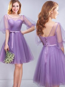 Comfortable Lavender Tulle Lace Up Scoop Half Sleeves Mini Length Quinceanera Dama Dress Appliques and Ruching and Belt