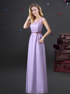 Vintage Scoop See Through Floor Length Empire Sleeveless Lavender Dama Dress Lace Up