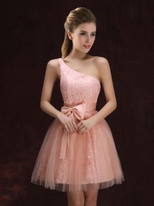 One Shoulder Mini Length Peach Vestidos de Damas Tulle and Lace Sleeveless Lace and Bowknot