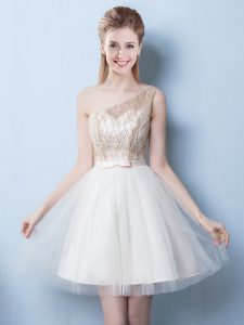 Dramatic One Shoulder Champagne A-line Sequins and Bowknot Dama Dress for Quinceanera Lace Up Tulle Sleeveless Mini Length
