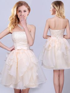 Fancy Champagne Lace Up Strapless Lace and Ruffles and Belt Quinceanera Court of Honor Dress Organza Sleeveless