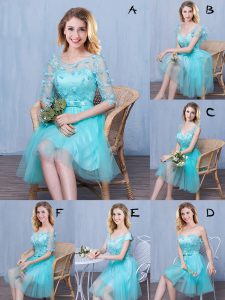 Fitting Scoop Aqua Blue Sleeveless Tulle Lace Up Dama Dress for Prom and Party and Wedding Party