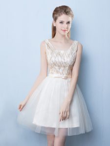 Fashion Champagne Square Lace Up Sequins and Bowknot Dama Dress for Quinceanera Sleeveless
