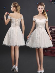 Off the Shoulder Sleeveless Knee Length Lace and Appliques Lace Up Dama Dress for Quinceanera with Champagne