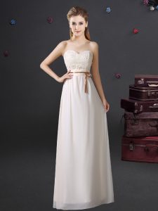 White Empire Sweetheart Sleeveless Chiffon Floor Length Lace Up Lace and Appliques and Belt Vestidos de Damas