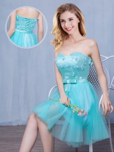 Modest Aqua Blue Sweetheart Lace Up Lace and Appliques and Bowknot Quinceanera Dama Dress Sleeveless
