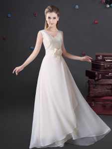 Simple Empire Court Dresses for Sweet 16 White V-neck Chiffon Sleeveless Floor Length Zipper