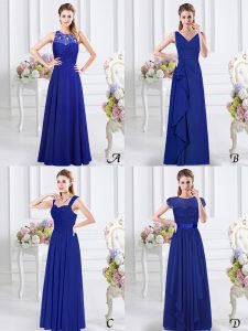 Dynamic V-neck Sleeveless Damas Dress Floor Length Lace and Ruffles and Ruching Royal Blue Chiffon