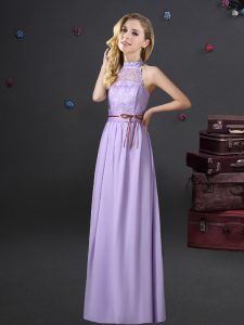 Lavender Empire Halter Top Sleeveless Chiffon Floor Length Lace Up Lace and Belt Damas Dress