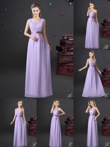 Lace and Appliques and Belt Damas Dress Lavender Lace Up Sleeveless Floor Length