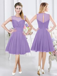 Scoop Knee Length Zipper Quinceanera Court Dresses Lavender for Prom and Party and Wedding Party with Ruching