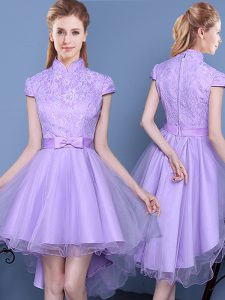 Sexy Lavender Tulle Zipper High-neck Short Sleeves High Low Vestidos de Damas Lace and Bowknot and Belt