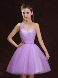 Lovely Lilac A-line Tulle One Shoulder Sleeveless Lace and Ruching Mini Length Lace Up Vestidos de Damas
