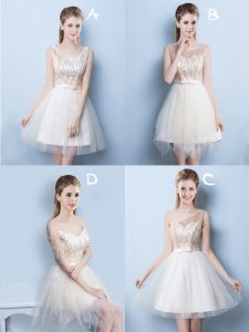 Square Sequins and Bowknot Quinceanera Dama Dress Champagne Lace Up Sleeveless Mini Length