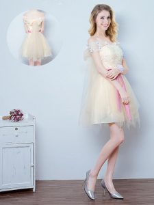Off the Shoulder Champagne Short Sleeves Tulle Lace Up Dama Dress for Prom and Party and Wedding Party