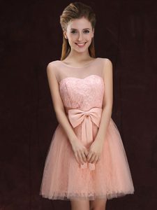 Scoop Peach Sleeveless Lace and Bowknot Mini Length Quinceanera Court Dresses