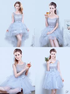 New Arrival Scoop Sleeveless Mini Length Lace and Ruffles and Ruffled Layers and Bowknot Lace Up Court Dresses for Sweet 16 with Grey