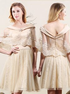 Affordable Off The Shoulder Sleeveless Damas Dress Mini Length Lace Champagne Tulle and Lace