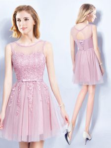 Eye-catching Pink Scoop Neckline Appliques and Belt Court Dresses for Sweet 16 Sleeveless Lace Up