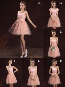 Sweet V-neck Sleeveless Dama Dress Mini Length Lace and Bowknot Peach Tulle and Lace