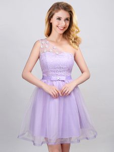 Lavender Damas Dress Prom and Party and Wedding Party with Lace and Appliques and Belt One Shoulder Sleeveless Lace Up