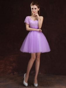 Lilac Ball Gowns One Shoulder Sleeveless Tulle Mini Length Lace Up Lace and Ruching Court Dresses for Sweet 16