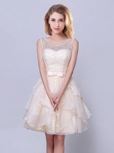 Dramatic Scoop Champagne Sleeveless Organza Lace Up Dama Dress for Prom and Party and Wedding Party