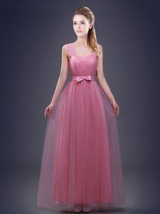 Custom Designed Straps Pink Sleeveless Ruching and Bowknot Floor Length Quinceanera Court of Honor Dress