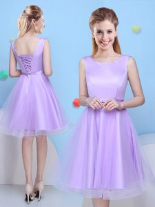 Colorful Lavender Tulle Lace Up Scoop Sleeveless Knee Length Quinceanera Court Dresses Bowknot