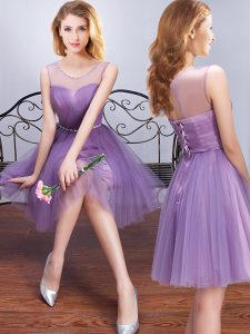 Lavender Tulle Lace Up Scoop Sleeveless Mini Length Quinceanera Dama Dress Beading and Ruching and Belt