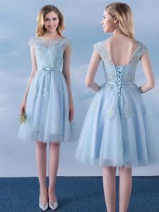 Flare Scoop Light Blue Cap Sleeves Knee Length Appliques and Belt Lace Up Dama Dress