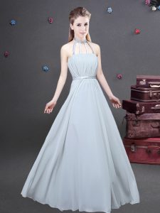 Customized Halter Top Ruching Dama Dress for Quinceanera Grey Zipper Sleeveless Floor Length