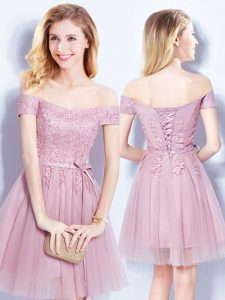 Pink Empire Tulle Off The Shoulder Sleeveless Appliques and Belt Mini Length Lace Up Dama Dress