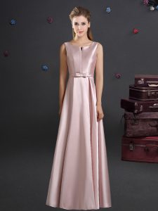 Straps Floor Length Pink Dama Dress for Quinceanera Elastic Woven Satin Sleeveless Bowknot