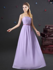 Sleeveless Floor Length Lace and Belt Lace Up Vestidos de Damas with Lavender