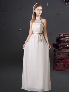 Halter Top White Sleeveless Chiffon Lace Up Damas Dress for Prom and Party and Wedding Party