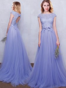 Attractive Lavender Empire Tulle Scoop Cap Sleeves Lace and Belt With Train Backless Damas Dress Brush Train