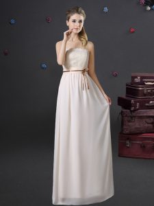Sumptuous White Empire Chiffon Strapless Sleeveless Lace and Belt Floor Length Lace Up Quinceanera Court of Honor Dress