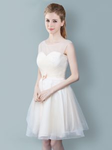 Pretty Scoop Champagne Zipper Quinceanera Court Dresses Ruching and Bowknot Sleeveless Knee Length