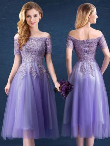 Glittering Lavender Empire Tulle Off The Shoulder Short Sleeves Beading and Lace Tea Length Zipper Dama Dress for Quinceanera